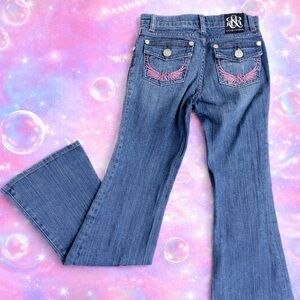 Rock & Republic Girls Flare Jeans Blue Pink Wings Embroidered Y2K  Size 10